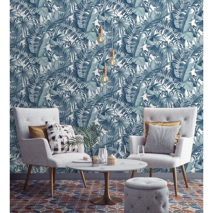 Papel pintado de hojas tropicales azules - Palm Beach 680752