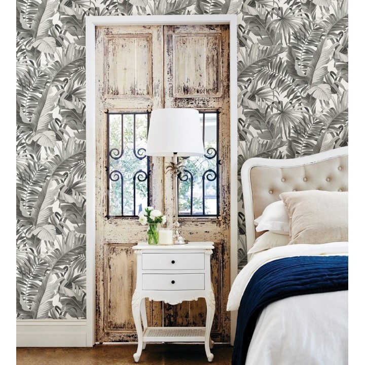 Papel pintado de hojas tropicales grises - Palm Beach 680753