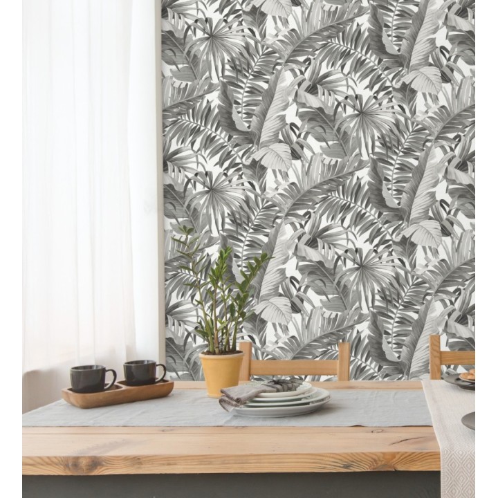 Papel pintado de hojas tropicales grises - Palm Beach 680753
