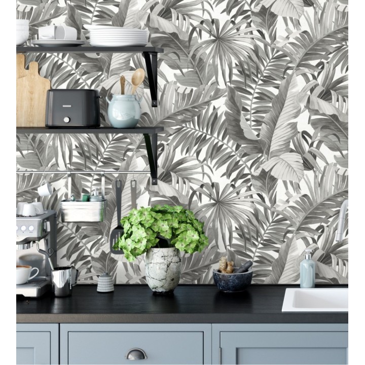 Papel pintado de hojas tropicales grises - Palm Beach 680753