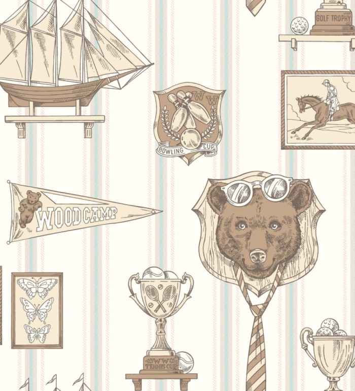 Papel pintado infantil motivos deportivos fondo rayas - Woodcamp 120774