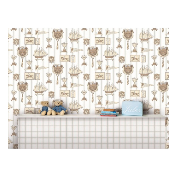 Papel pintado infantil motivos deportivos fondo rayas - Woodcamp 120774