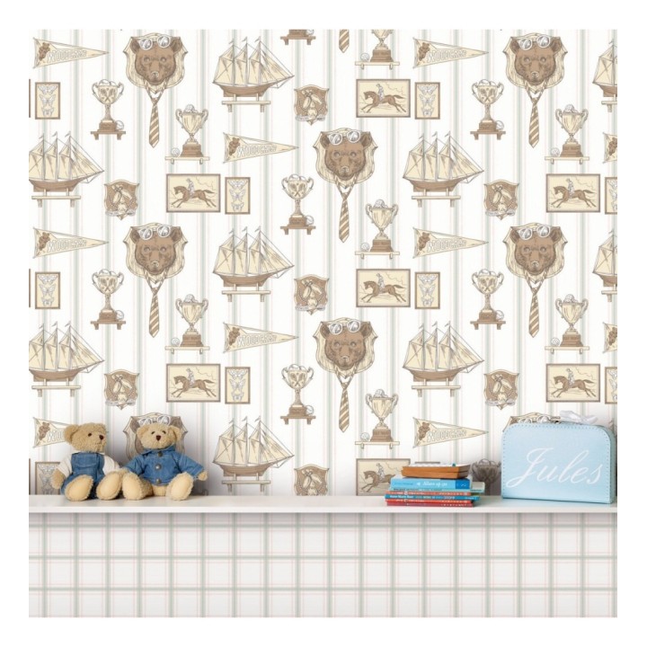 Papel pintado infantil motivos deportivos fondo rayas - Woodcamp 120774