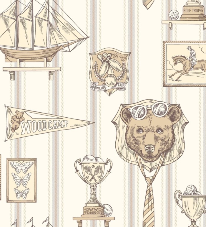 Papel pintado infantil motivos deportivos fondo rayas - Woodcamp 120775