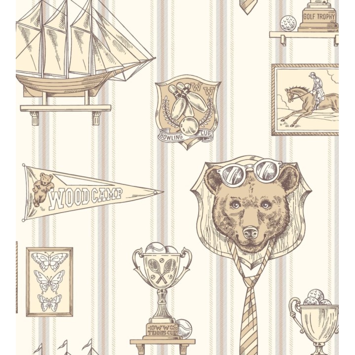 Papel pintado infantil motivos deportivos fondo rayas - Woodcamp 120775