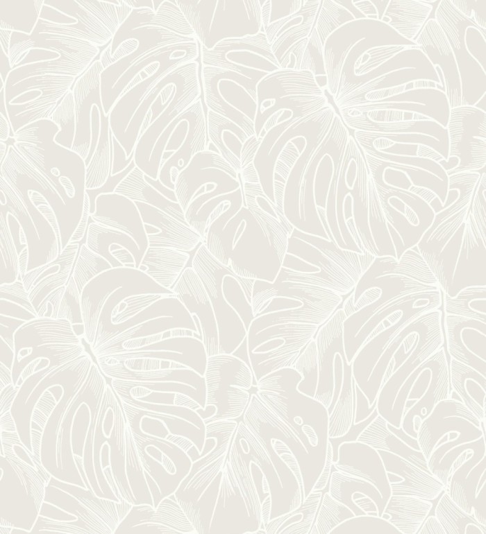 Papel pintado silueta hojas grandes de monstera en terciopelo blanco - Palm River 680880