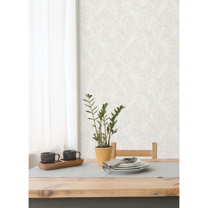 Papel pintado silueta hojas grandes de monstera en terciopelo blanco - Palm River 680880