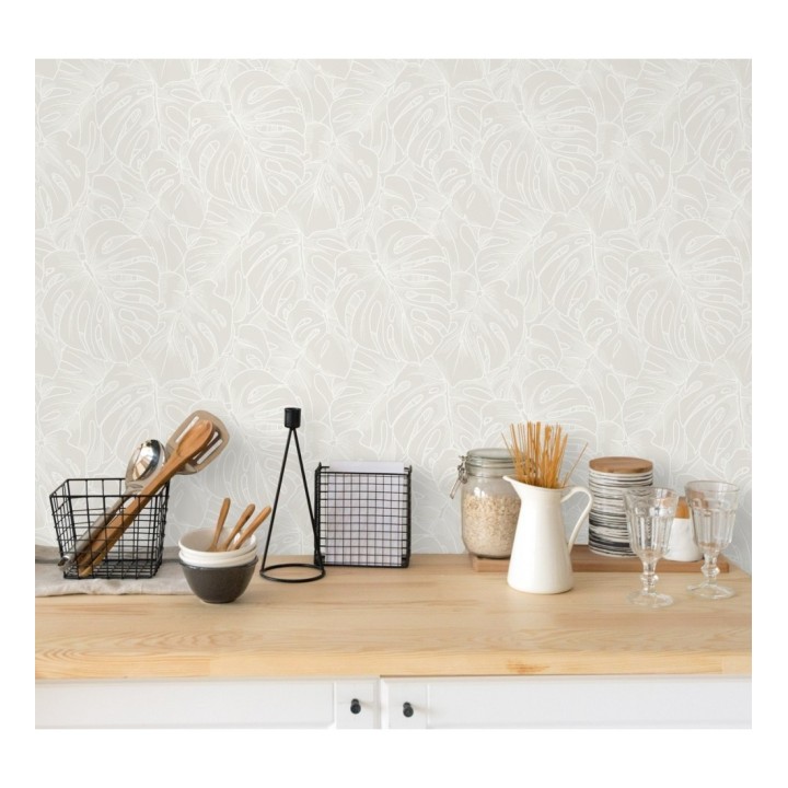 Papel pintado silueta hojas grandes de monstera en terciopelo blanco - Palm River 680880