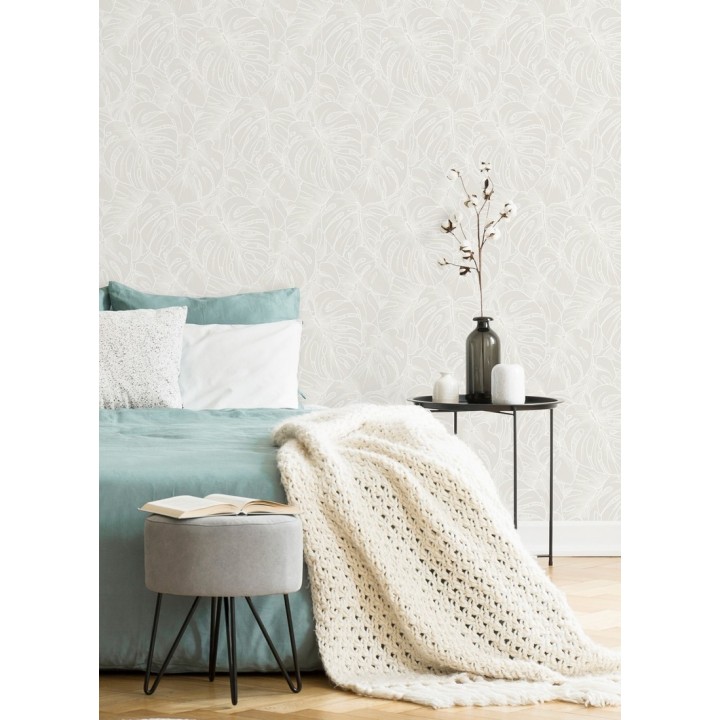 Papel pintado silueta hojas grandes de monstera en terciopelo blanco - Palm River 680880