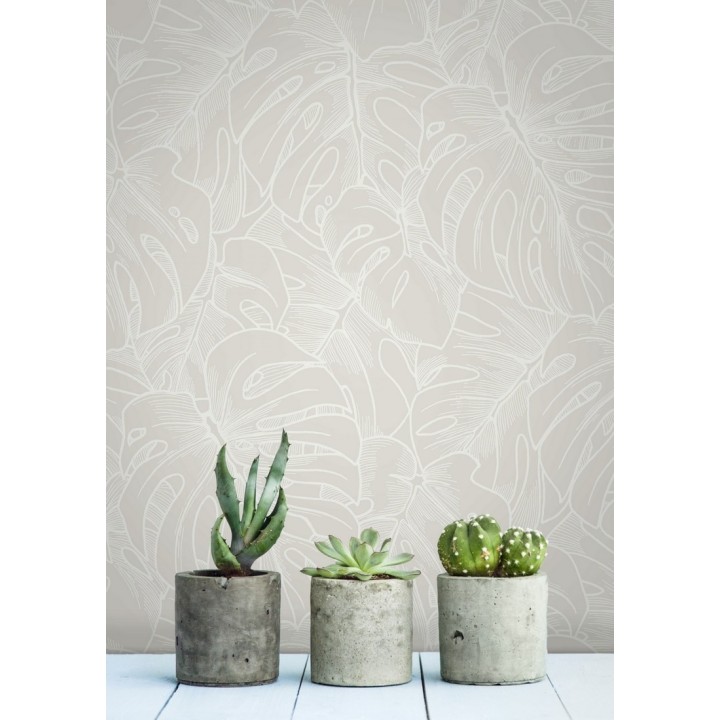 Papel pintado silueta hojas grandes de monstera en terciopelo blanco - Palm River 680880