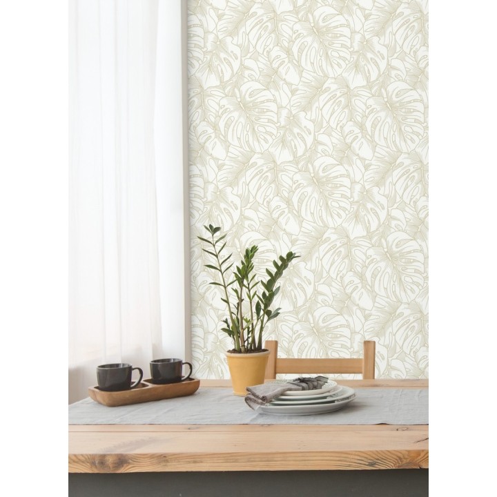 Papel pintado silueta hojas grandes de monstera con pintura de oro - Palm River 680881