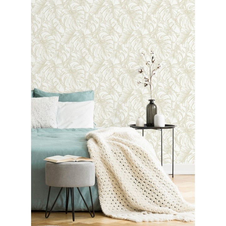Papel pintado silueta hojas grandes de monstera con pintura de oro - Palm River 680881