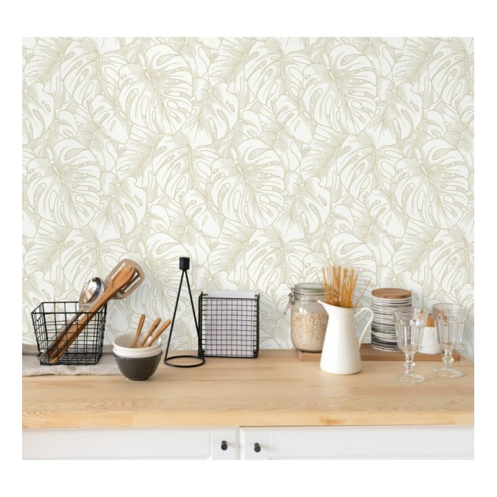 Papel pintado silueta hojas grandes de monstera con pintura de oro - Palm River 680881