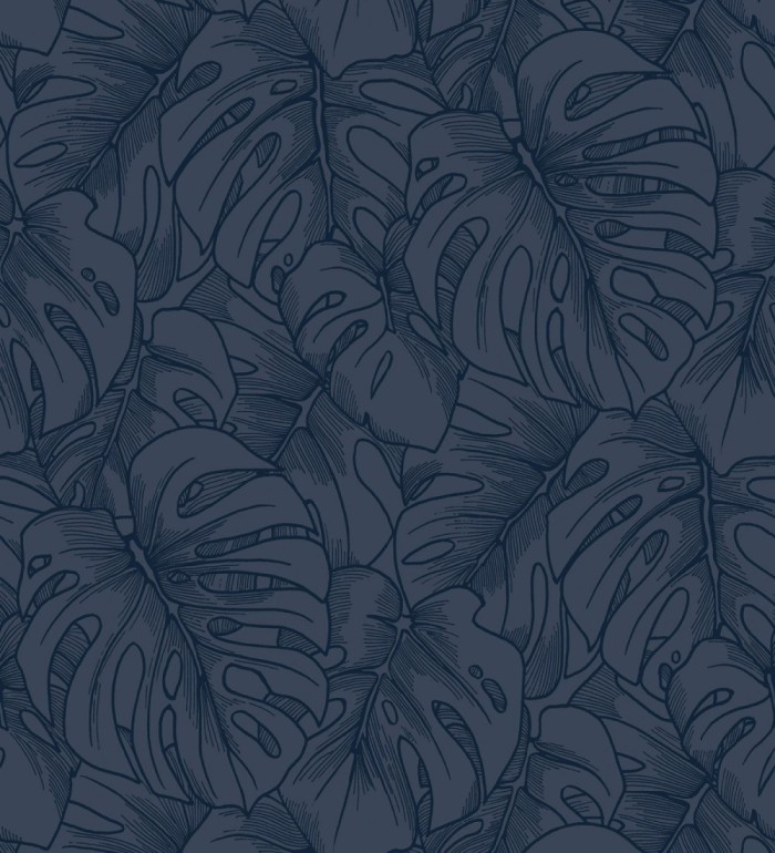 Papel pintado silueta hojas grandes de monstera en terciopelo azul - Palm River 680882