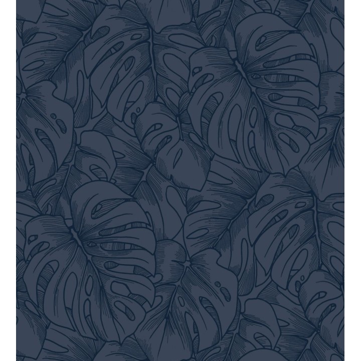 Papel pintado silueta hojas grandes de monstera en terciopelo azul - Palm River 680882