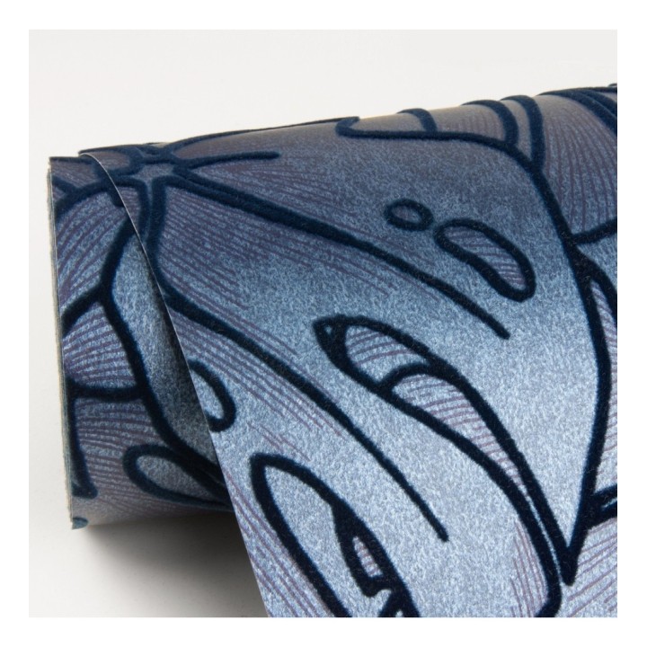 Papel pintado silueta hojas grandes de monstera en terciopelo azul - Palm River 680882