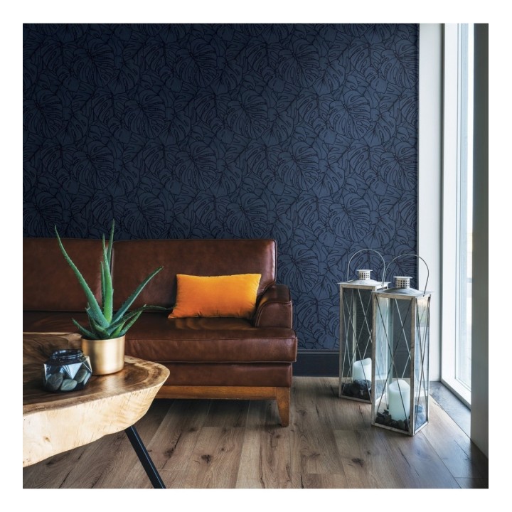 Papel pintado silueta hojas grandes de monstera en terciopelo azul - Palm River 680882