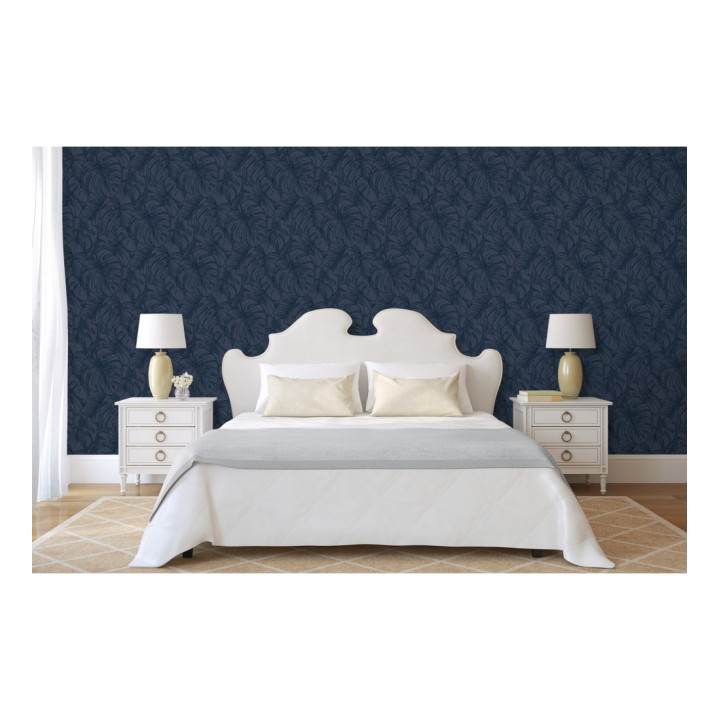 Papel pintado silueta hojas grandes de monstera en terciopelo azul - Palm River 680882
