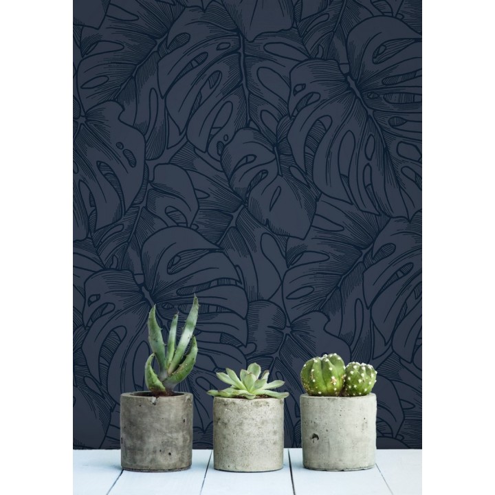 Papel pintado silueta hojas grandes de monstera en terciopelo azul - Palm River 680882