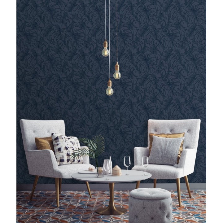Papel pintado silueta hojas grandes de monstera en terciopelo azul - Palm River 680882