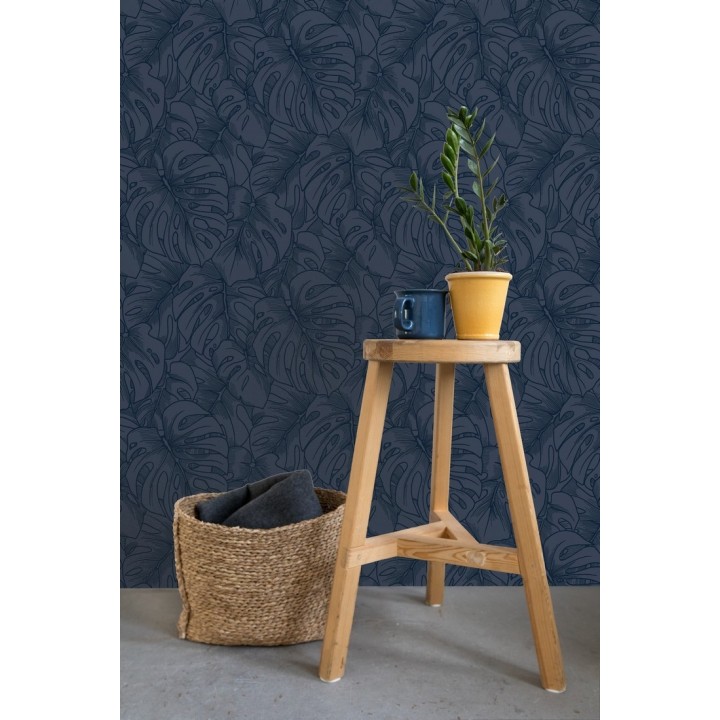 Papel pintado silueta hojas grandes de monstera en terciopelo azul - Palm River 680882