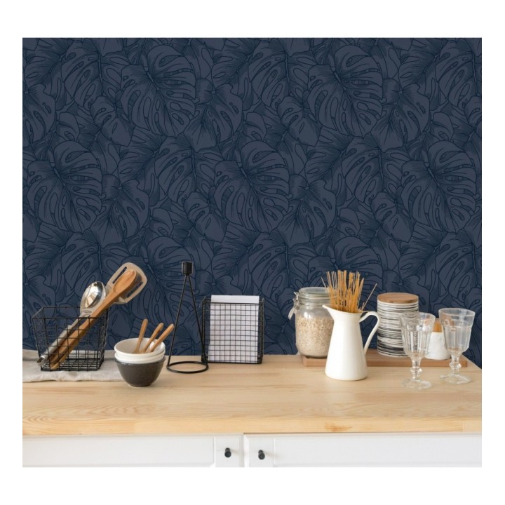 Papel pintado silueta hojas grandes de monstera en terciopelo azul - Palm River 680882