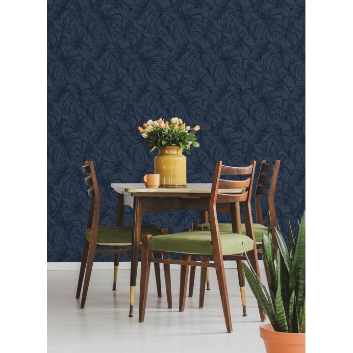 Papel pintado silueta hojas grandes de monstera en terciopelo azul - Palm River 680882