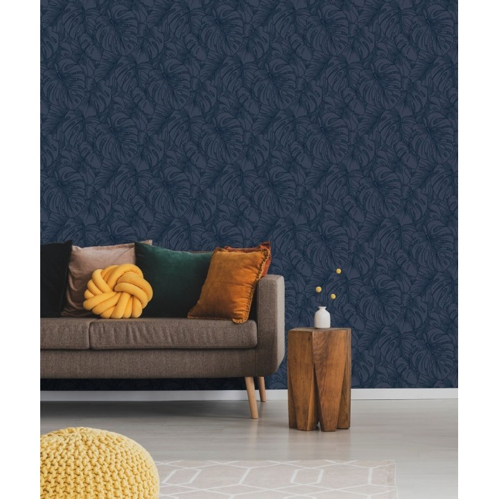 Papel pintado silueta hojas grandes de monstera en terciopelo azul - Palm River 680882