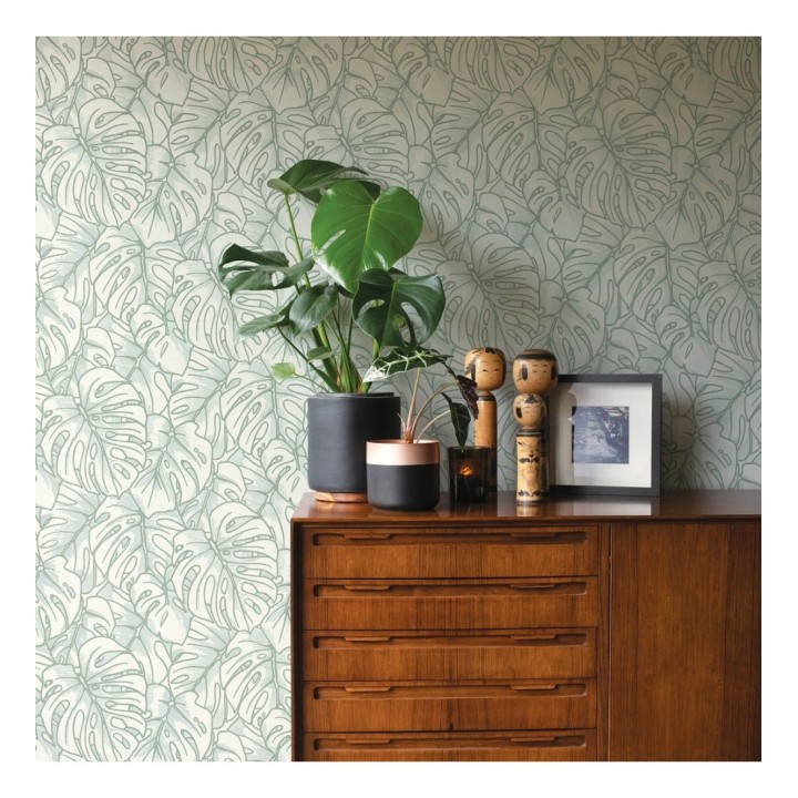 Papel pintado silueta hojas grandes de monstera en terciopelo verde - Palm River 680883
