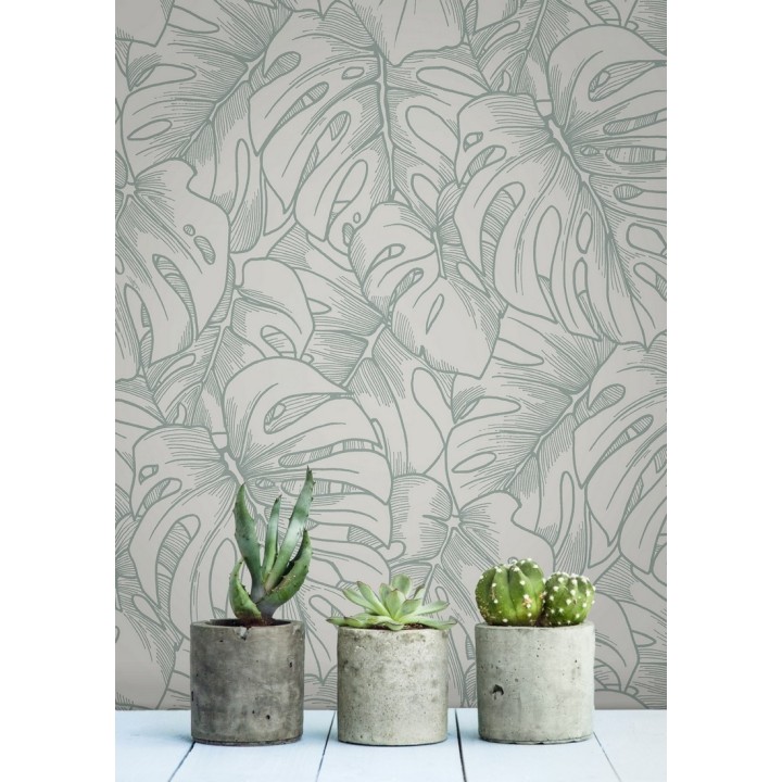 Papel pintado silueta hojas grandes de monstera en terciopelo verde - Palm River 680883