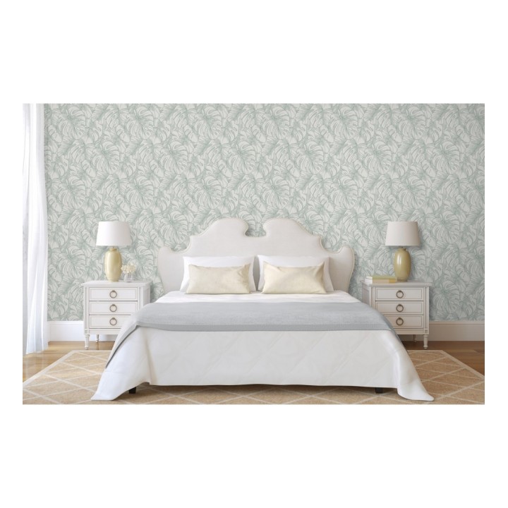 Papel pintado silueta hojas grandes de monstera en terciopelo verde - Palm River 680883