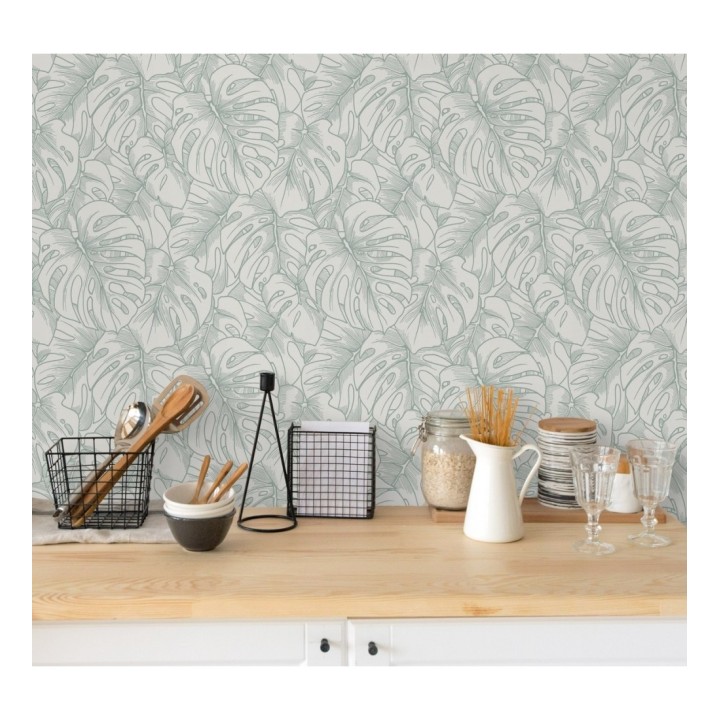 Papel pintado silueta hojas grandes de monstera en terciopelo verde - Palm River 680883