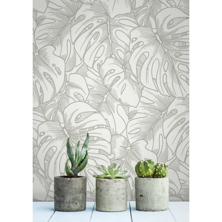 Papel pintado silueta hojas grandes de monstera con pintura de plata - Palm River 680884