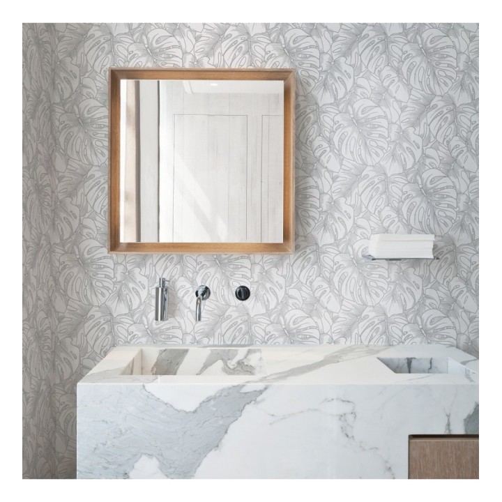 Papel pintado silueta hojas grandes de monstera con pintura de plata - Palm River 680884