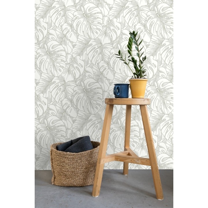 Papel pintado silueta hojas grandes de monstera con pintura de plata - Palm River 680884