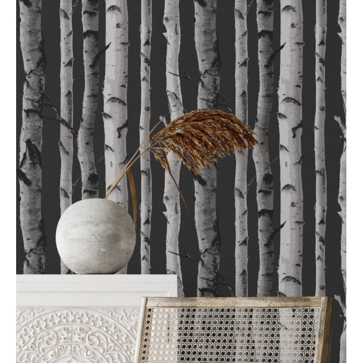 Papel pintado tronco de árboles de estilo nórdico color negro - Nordic Forest 680892