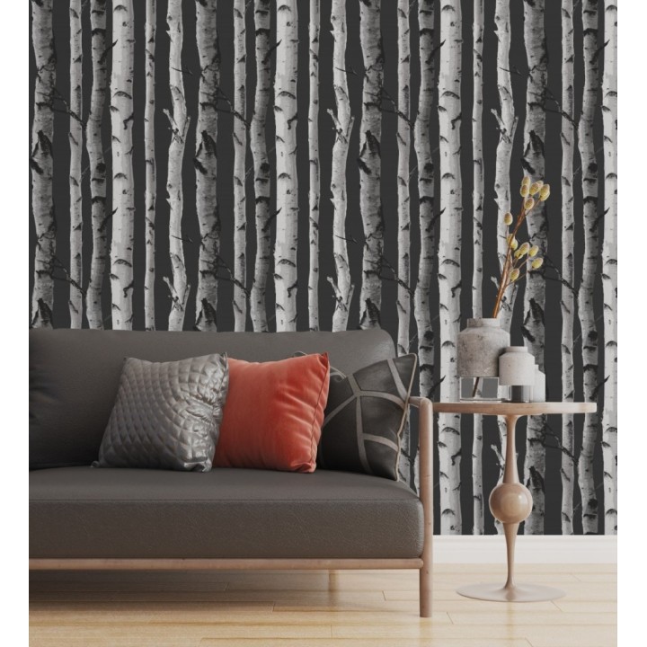 Papel pintado tronco de árboles de estilo nórdico color negro - Nordic Forest 680892