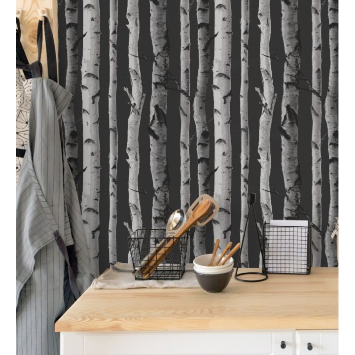 Papel pintado tronco de árboles de estilo nórdico color negro - Nordic Forest 680892