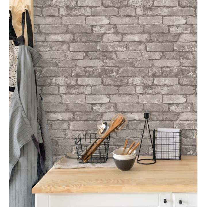 Papel pintado muro de ladrillos color blanco gris y beige - Manchester Break 680895