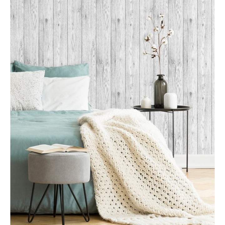 Papel pintado listones de madera blanca vetas grises - Channel Wood 680896