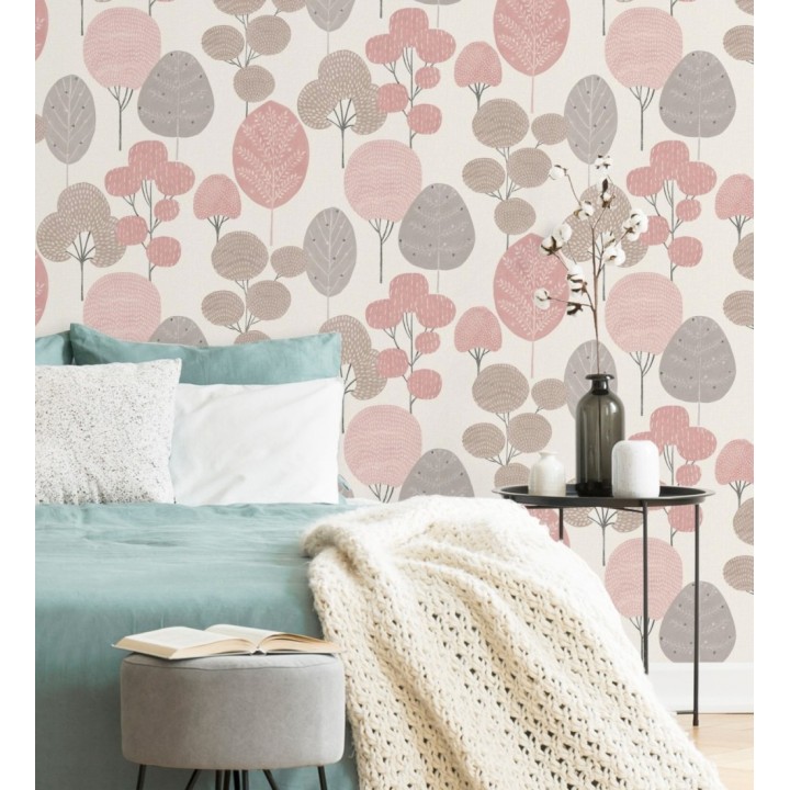 Papel pintado de árboles nórdicos tonos rosa y gris  - Memorial Park 680916
