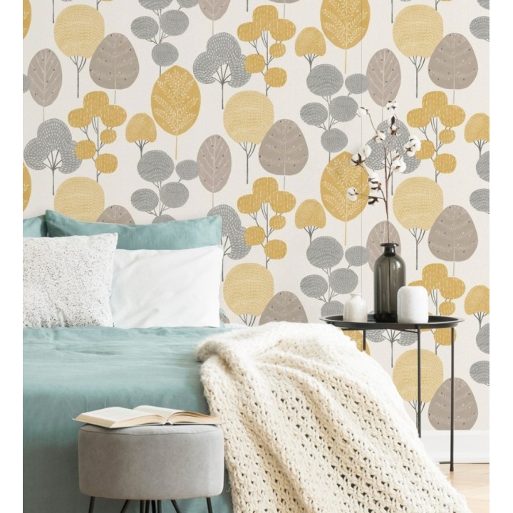 Papel pintado de árboles nórdicos tonos gris y mostaza - Memorial Park 680924