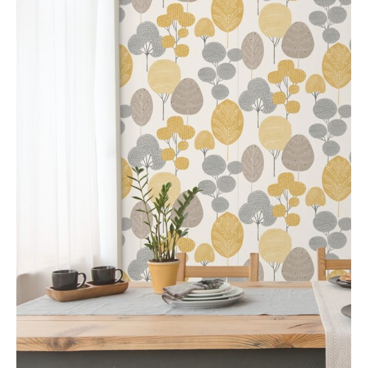 Papel pintado de árboles nórdicos tonos gris y mostaza - Memorial Park 680924