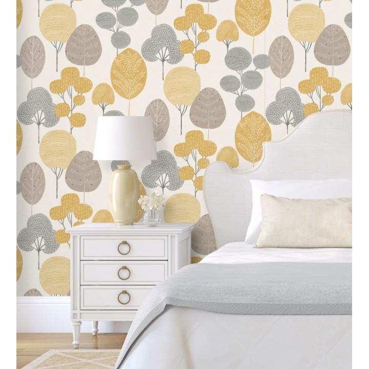 Papel pintado de árboles nórdicos tonos gris y mostaza - Memorial Park 680924