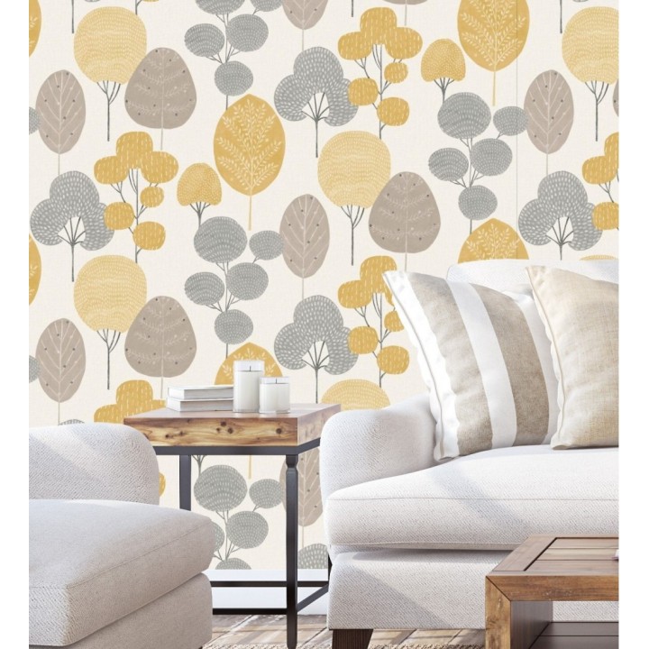 Papel pintado de árboles nórdicos tonos gris y mostaza - Memorial Park 680924
