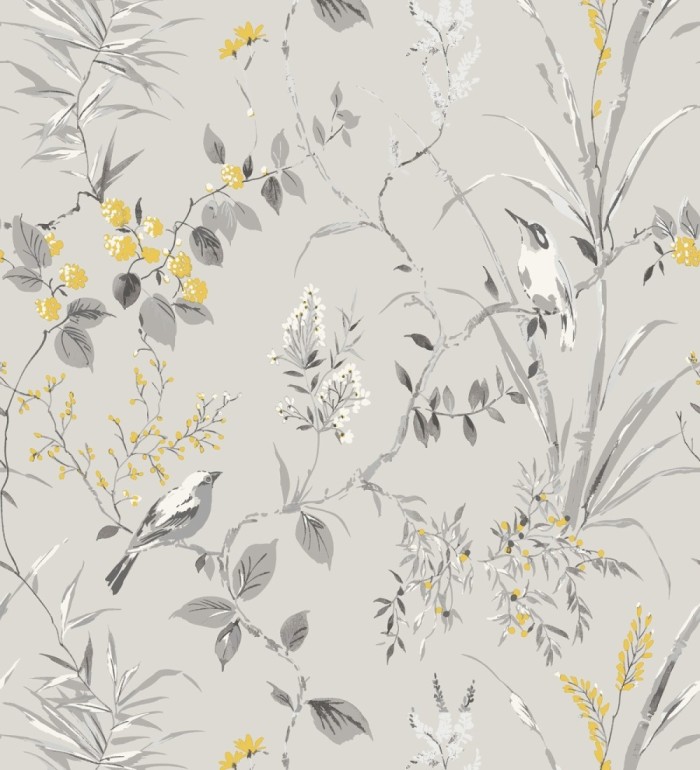 Papel pintado de ramas y pájaros estilo romántico fondo gris - Alison Garden 680927