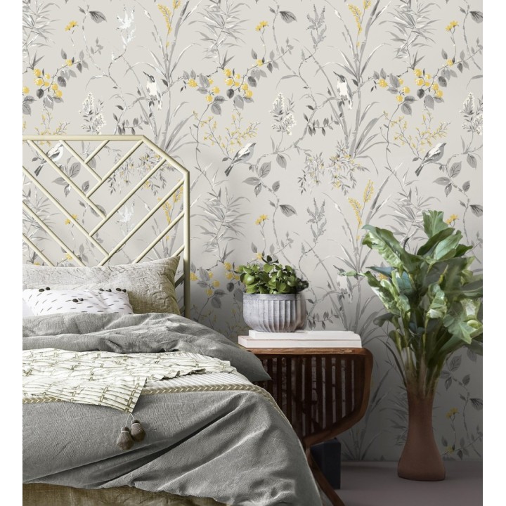 Papel pintado de ramas y pájaros estilo romántico fondo gris - Alison Garden 680927