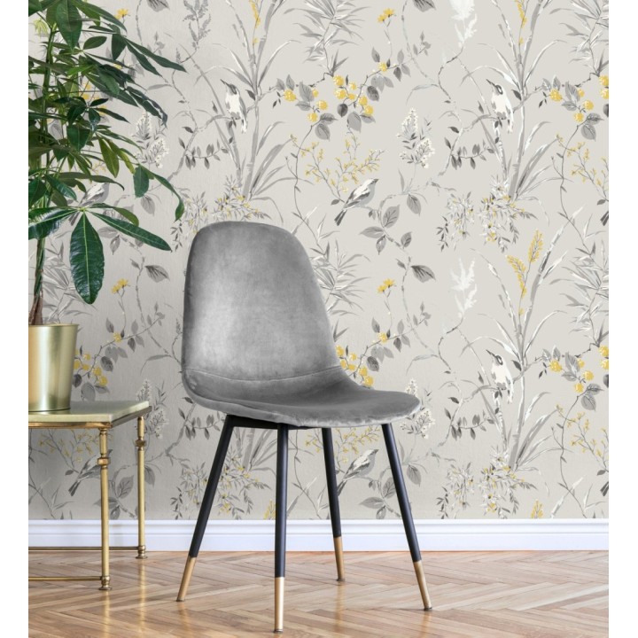 Papel pintado de ramas y pájaros estilo romántico fondo gris - Alison Garden 680927