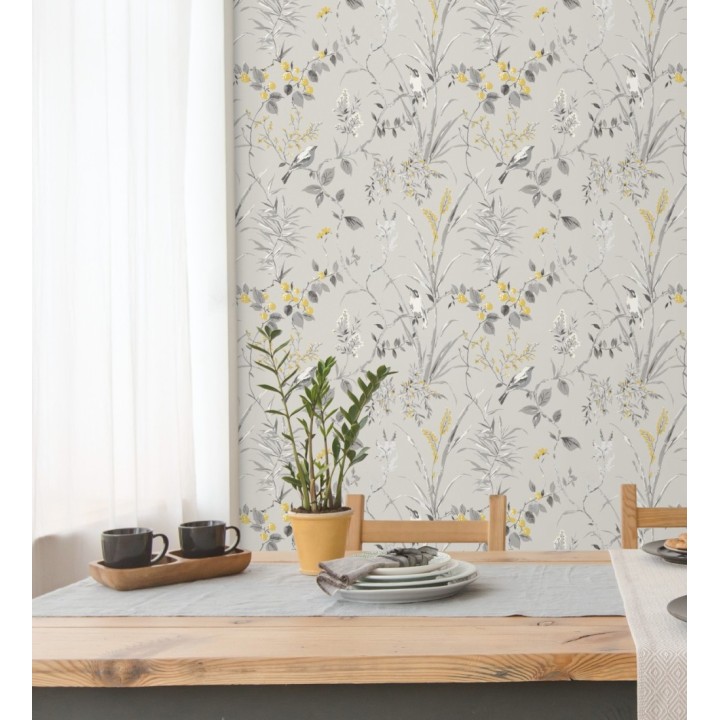 Papel pintado de ramas y pájaros estilo romántico fondo gris - Alison Garden 680927