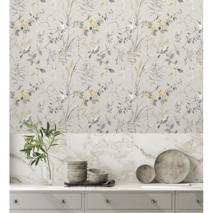 Papel pintado de ramas y pájaros estilo romántico fondo gris - Alison Garden 680927